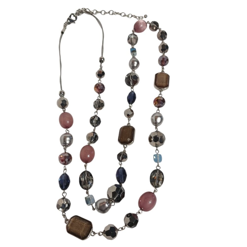 Chico's, Glass Bead Necklace  -  Smokey Gray, Pink Rose, 38 -41", Boho, Classic